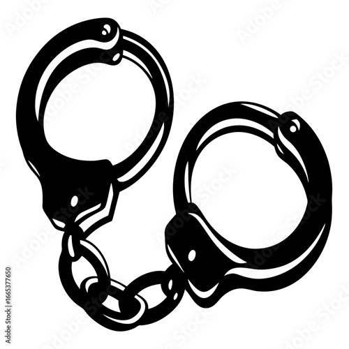 Stylized black and white vector illustration of shiny handcuffs on a white background