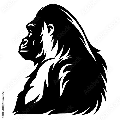 Monochromatic gorilla profile shows powerful muscles and long, flowing hair