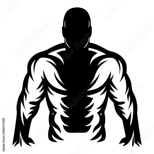 Black and White Vector Silhouette of a Muscular Bodybuilder Back View