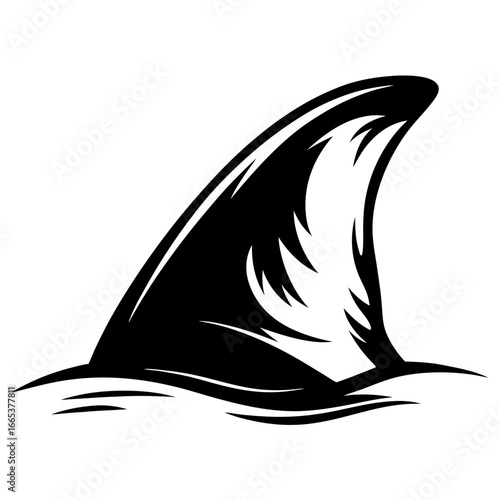 Menacing shark fin above the water surface in black and white style