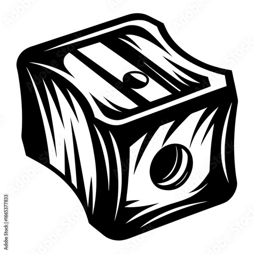 Monochrome Illustration of a Cube Shaped Pencil Sharpener with Bold Outline