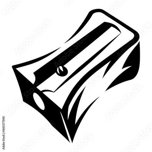 Minimalist black and white illustration of a handheld manual pencil sharpener