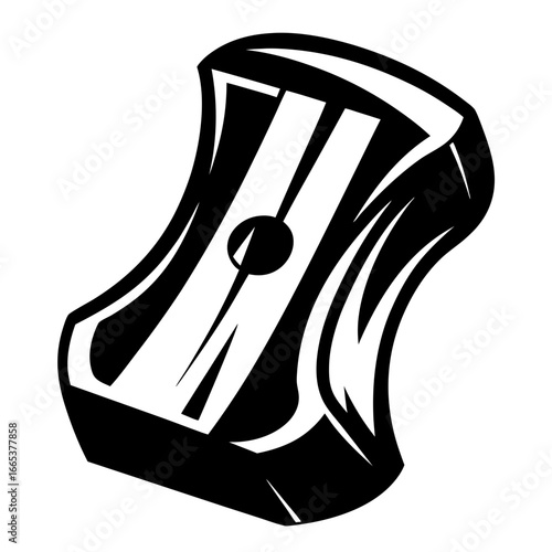 Bold monochrome image of a modern pencil sharpener with abstract design elements