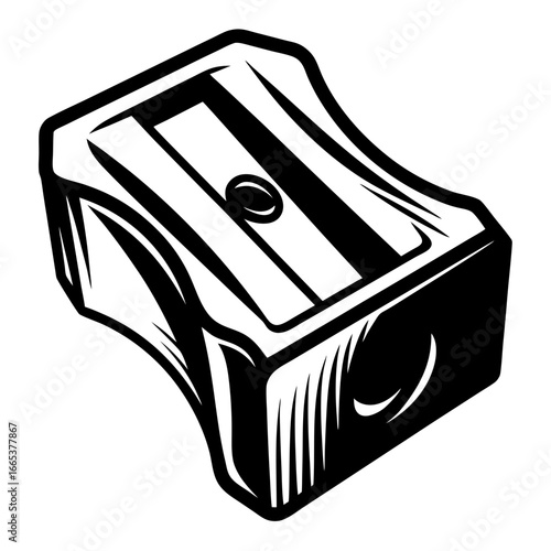Monochrome illustration of a classic pencil sharpener in a stylized vector art style