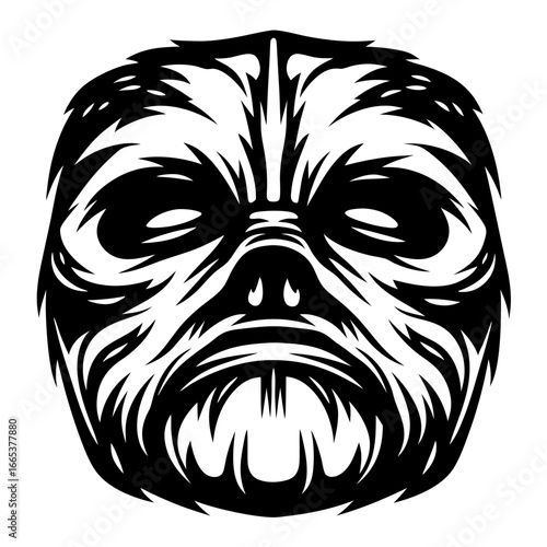 Monochrome abstract artistic rendering of a unique, stylized animalistic face
