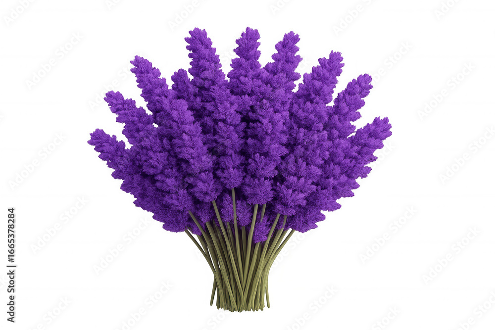 Fototapeta premium Lavender blooming in dense cluster, soft purple petals creating delicate floral arrangement against clean white background