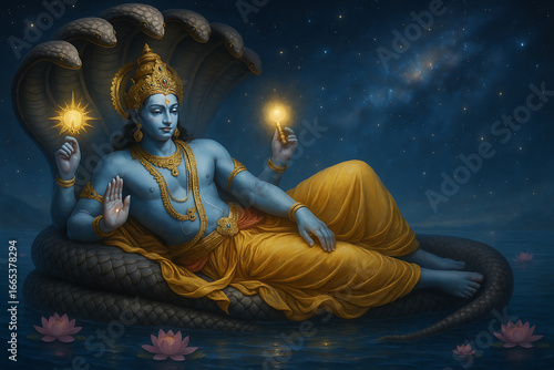 Hindu god vishnu resting on serpent sheshnag in cosmic ocean under night sky, divine indian mythology artwork of creation and spirituality