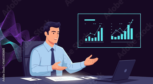 A Businessman Presenting Data Charts and Analysis on a Screen Displaying Growth and Success