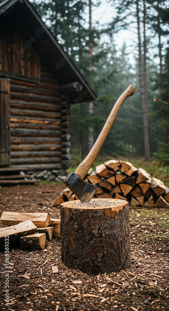 Fototapeta premium Rustic forest cabin with firewood, axe, and chopping stump in a cinematic setting