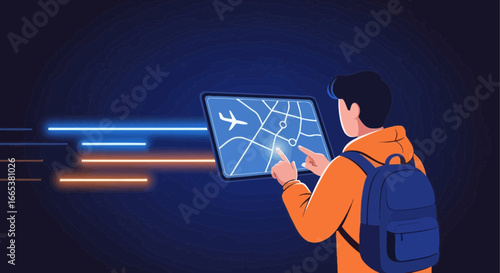 A traveler using an interactive map to plan an aerial route for his journey depicted in vector