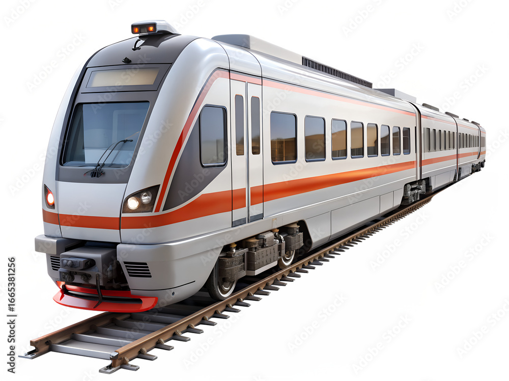 Fototapeta premium Modern passenger train on tracks, isolated on transparent background