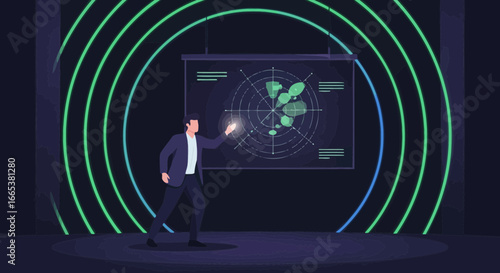 A businessman presents data analytics on a digital screen during a presentation