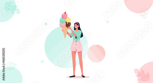 A delightful illustration of a woman holding a giant ice cream cone with several scoops that