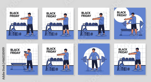 Black Friday fitness sale promotion featuring athletic men weightlifting designs