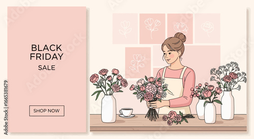 Black Friday sale advertisement with a florist creating beautiful bouquets in her shop