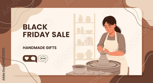 Black Friday sale promotion with potter crafting handmade gifts for the holiday season