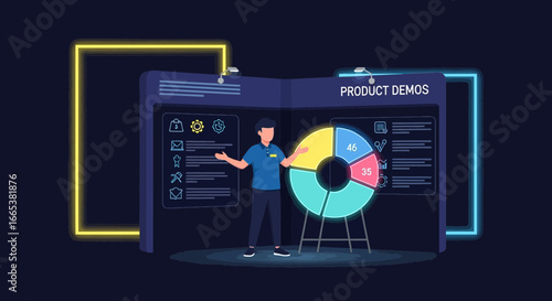 Animated product demo presentation with neon graphics and detailed illustrations