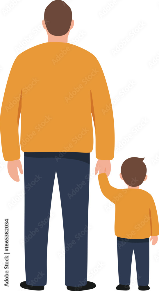 Fototapeta premium Father and son holding hands standing together in orange sweaters and dark pants vector illustration
