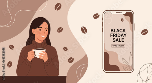 Black Friday coffee promotion with woman drinking coffee from her smartphone ad