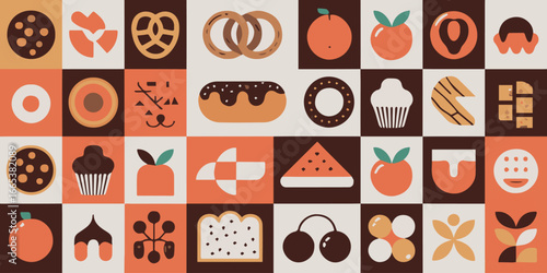 retro minimalist food icon grid seamless vector illustration featuring cookies pretzels cherries cupcakes watermelon