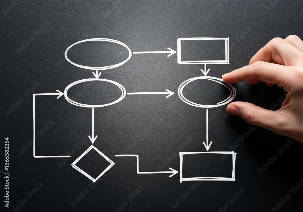 Fototapeta premium A person draws a flowchart with a chalk-like hand on a blackboard, illustrating the process visually.