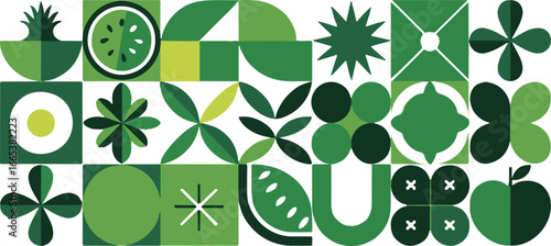 colorful botanical grid of pomegranate, apple and kiwi with abstract leaves and flowers for modern organic design