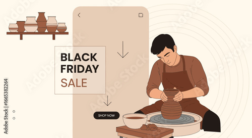 Black Friday pottery sale advertisement featuring artisan creating clay vase on wheel