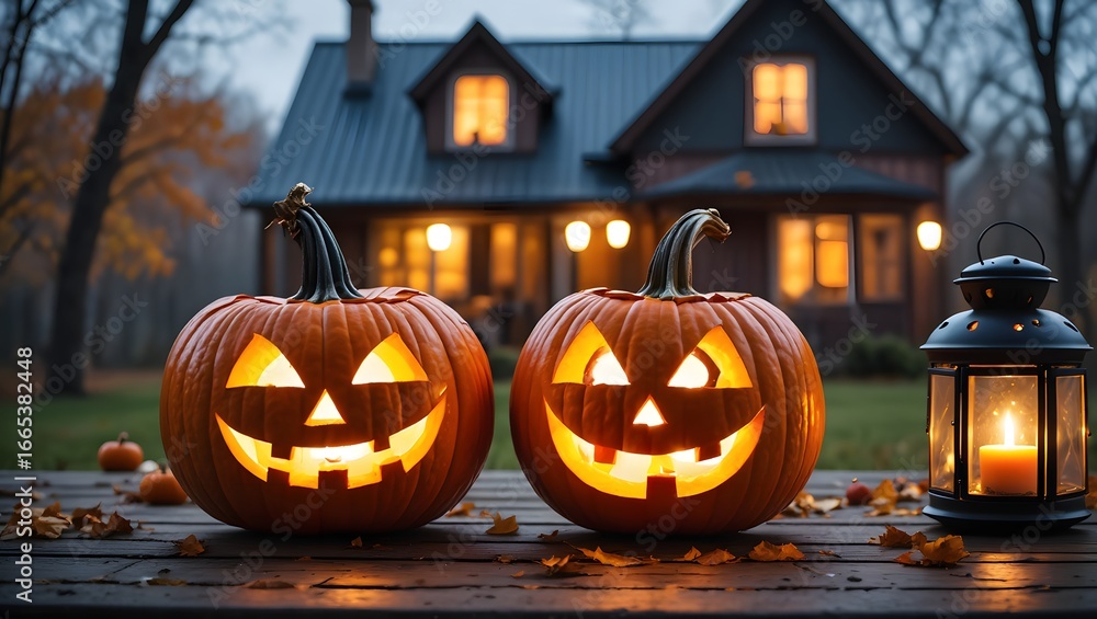 Fototapeta premium Glowing Carved Pumpkins on Misty Walkway Near Cabin