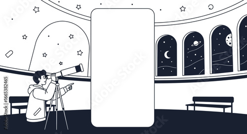 Cartoon astronomer observing the sky through a telescope with space for copy