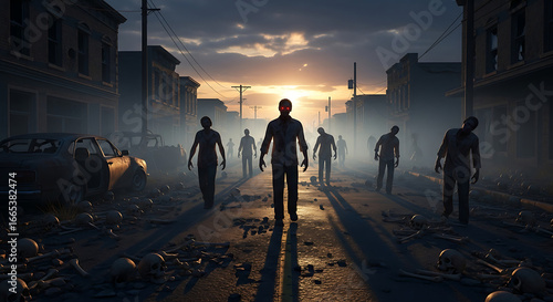 Zombies walking down a street littered with bones and debris during a post apocalyptic sunset