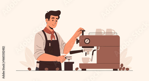Cartoon illustration of a barista making coffee with espresso machine in a cafe