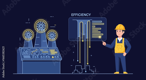 Cartoon vector of power plant efficiency analysis with a worker pointing indicator