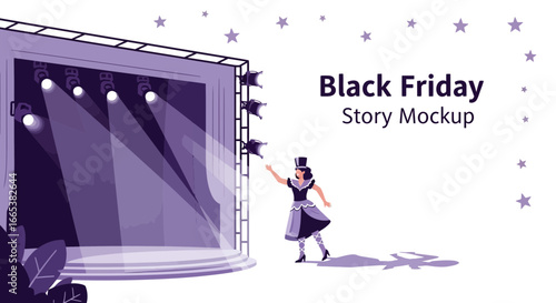 Black Friday theatrical performance story mockup with performer on stage and stars