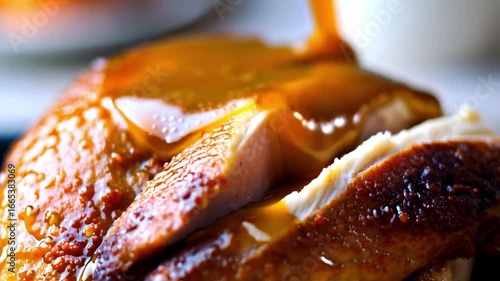 Juicy slices of tender roast turkey are topped with rich, golden gravy in this close-up shot. The perfectly cooked meat with crispy skin creates a mouthwatering centerpiece for any holiday meal or fes