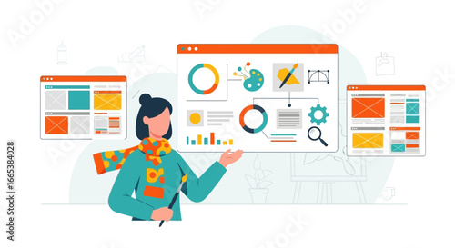 Creative woman presenting web design projects with color schemes and graphics