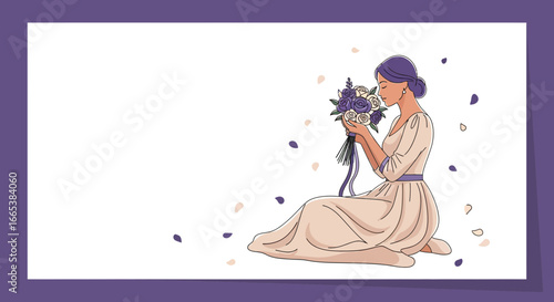 Elegant bride illustration with a bouquet of flowers and pastel color palette background