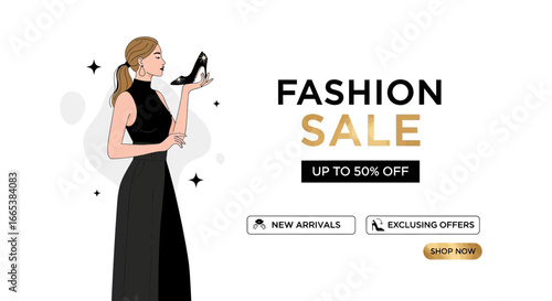 Elegant fashion sale advertisement featuring a stylish woman and a high heel