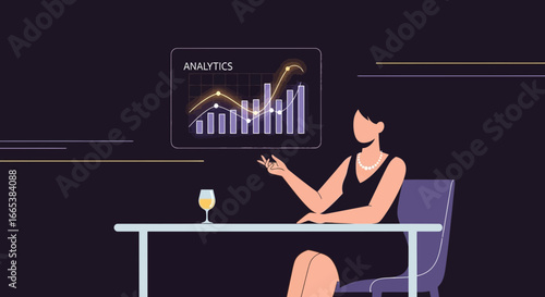 Elegant illustration of a businesswoman presenting financial analytics with sophistication