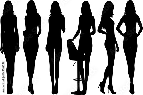 Sexy woman posing with bar chair in front of group of women models vector silhouette.
