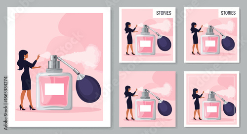 Elegant woman spraying luxurious pink perfume for social media stories promotion design