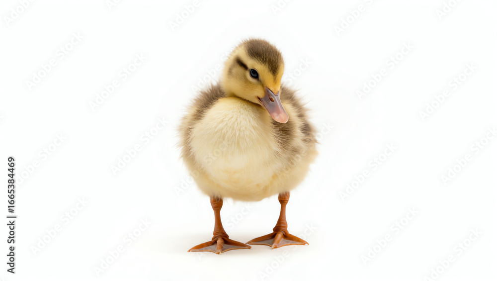 Obraz premium Photorealistic close-up of a cute, fluffy duckling standing with orange feet and beak on a white background. Highly detailed and high-resolution capture of this adorable young bird.