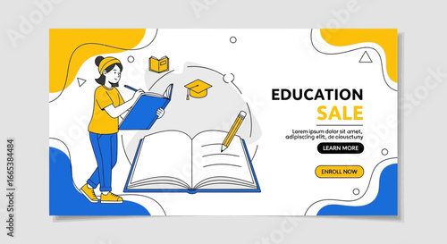 Educational promotion banner template featuring a student and learning materials