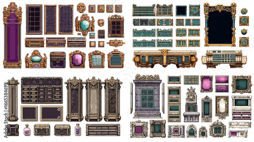 Pixel art illustration of vintage fantasy game interface elements and decorative panels. Great for game design, UI creation, and pixel artwork.