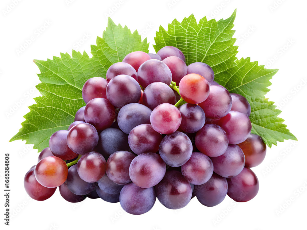 Fototapeta premium Fresh purple grapes with green leaves, isolated on transparent background
