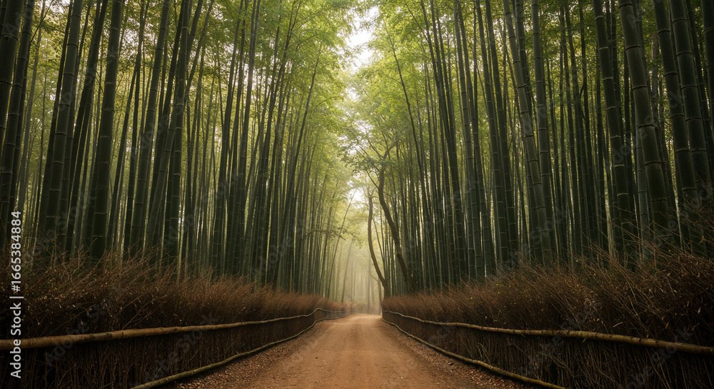Fototapeta premium Misty bamboo forest with central path and soft filtered light