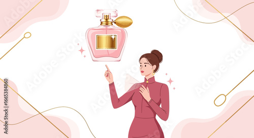 Elegant woman introducing a luxury perfume bottle in a stylish modern design suitable for beauty