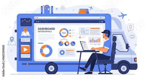 Global logistics and transportation concept with dashboard analytics on vehicle tracking system