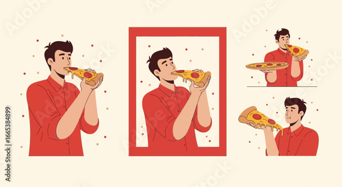 Illustrated man savoring a slice of pizza in diverse poses showing enjoyment