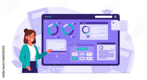 Illustration depicting online education and course modules with a female presenter showcasing data
