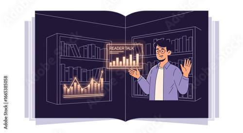 Illustration of a book displaying a man presenting reader talk and statistics data